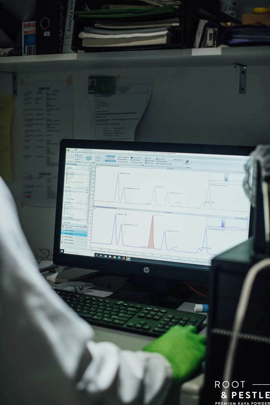 A UHPLC chromatogram on screen showing the kavalactone peaks for a batch
